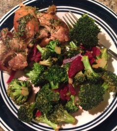 Not too pretty to look at, but oh so scrumptious! Also, our broccoli had some beets in it. 